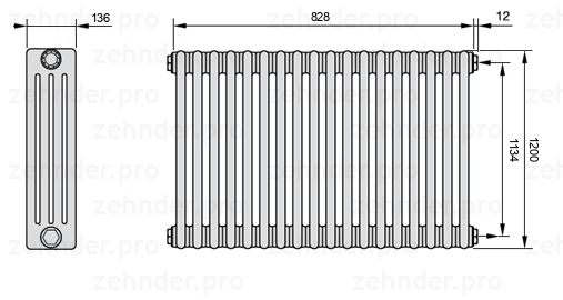 Схема (чертеж) Радиатор Zehnder Charleston 4120/18 №7610 Белый глянцевый RAL 9016